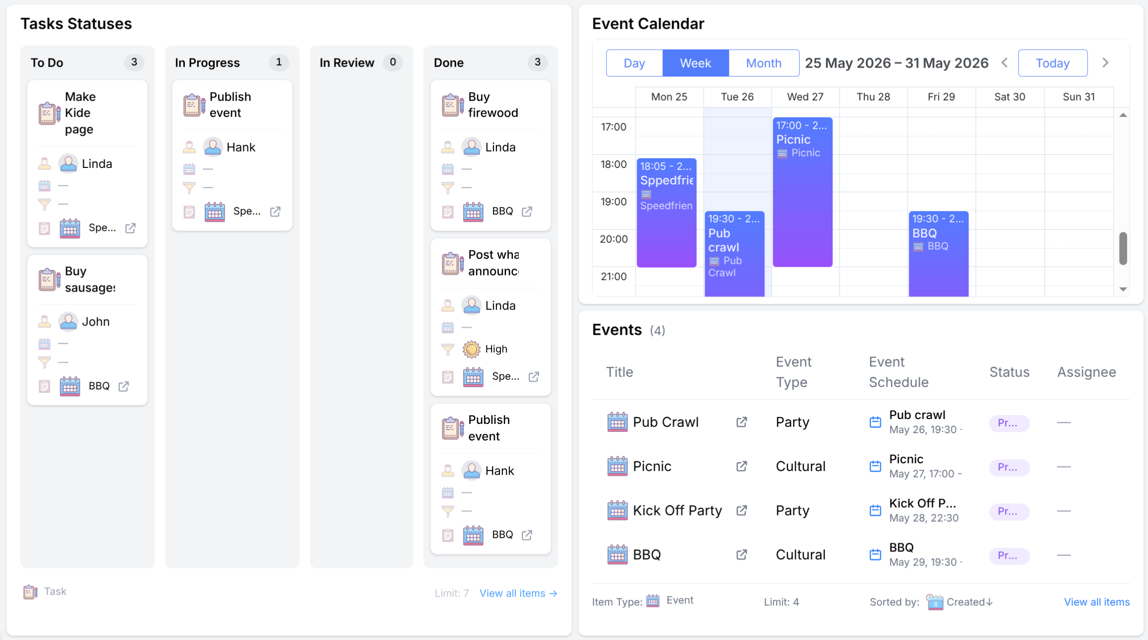 Timill dashboard with charts, lists, and work widgets
